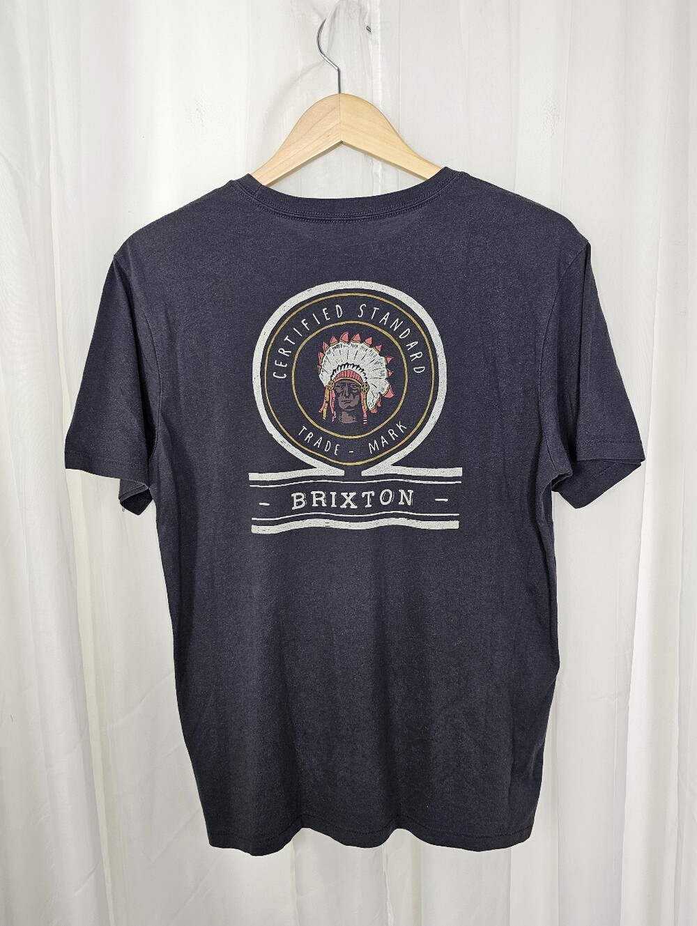 Brixton Graphic Tee Vintage Black Native American Headdress Crest Logo Tee Med